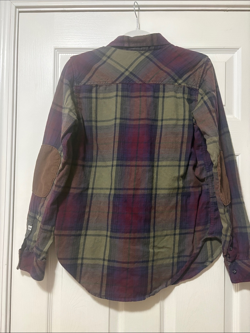 Kavu Olive and Burgundy Plaid Button-Down Shirt with Brown Elbow Patches - Picture 8 of 11